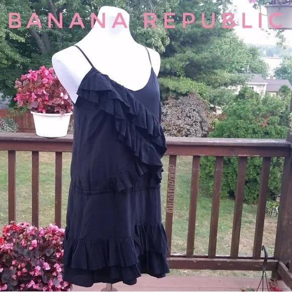 Dress Silk Tiered Festival Black Charcoal Grey Sz M BANANA REPUBLIC - Picture 3 of 4